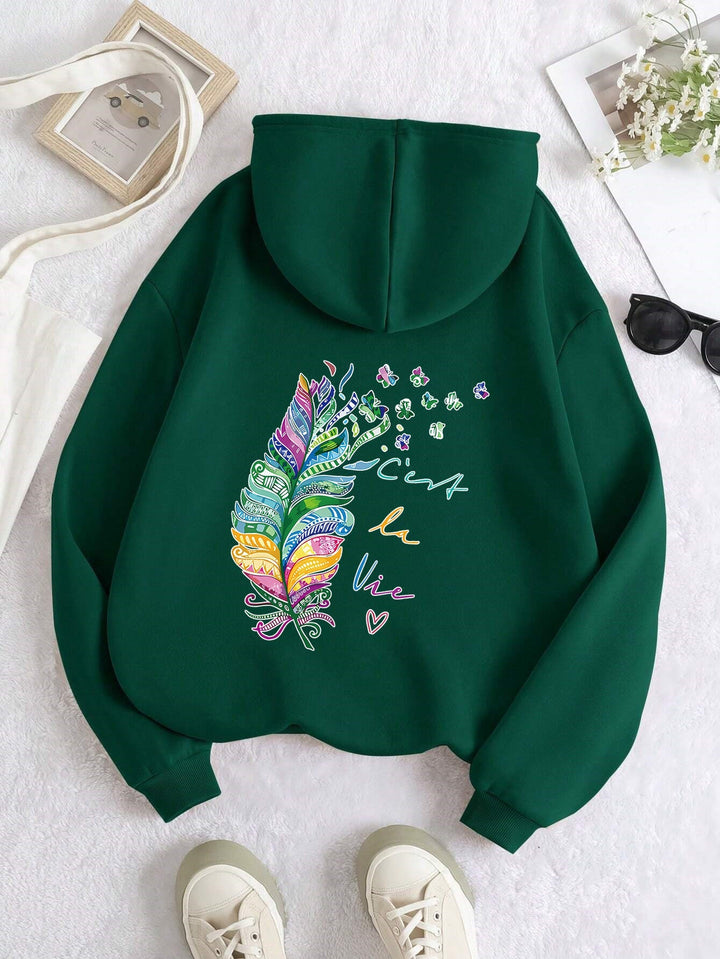 Sweat à capuche décontracté pour femmes avec design de plumes colorées et inscription inspirante