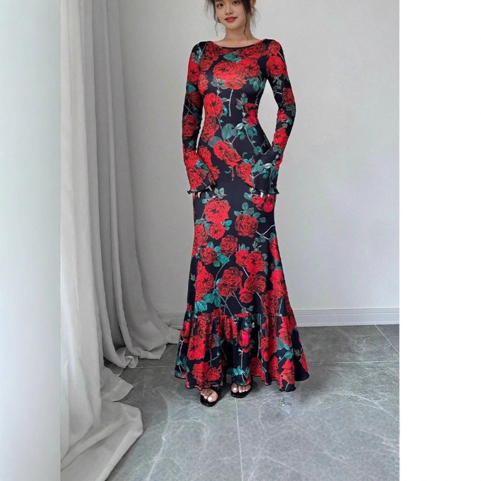 Robe maxi élégante pour femmes avec des détails en volants floraux et des manches longues