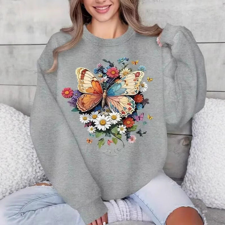 Sweatshirt à manches longues pour femmes avec impression florale de papillon