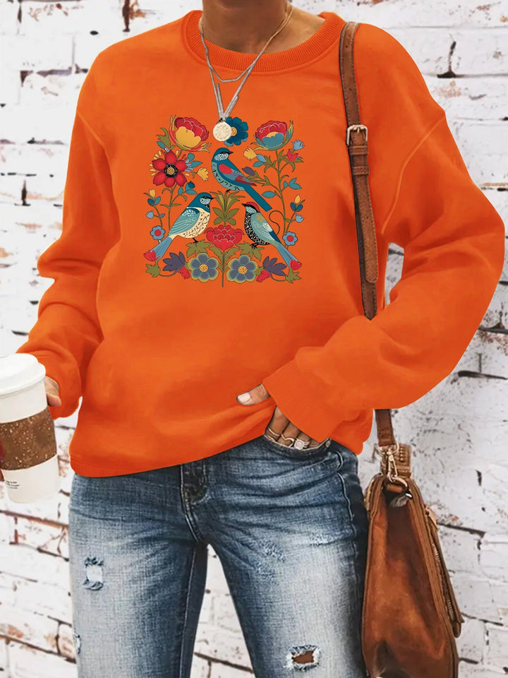 Sweat-shirt pour femmes avec motif floral d'oiseau et coupe décontractée