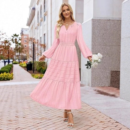 Robe maxi femme avec des manches bouffantes élégantes et une taille smockée