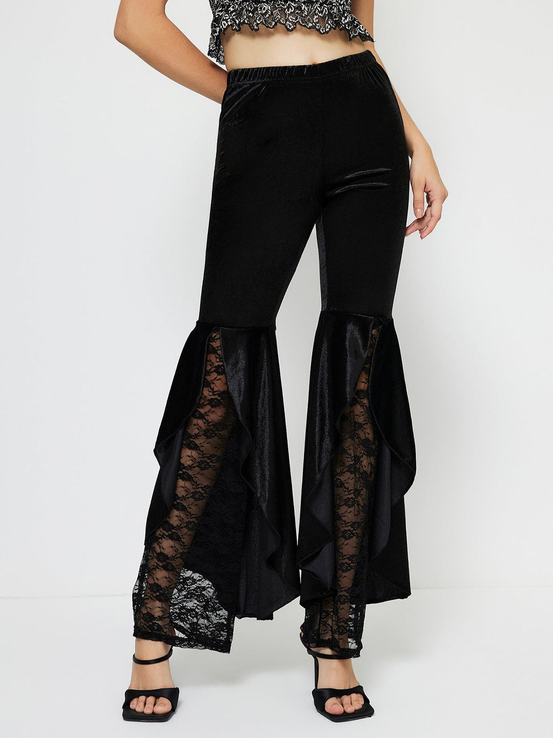 Pantalon Palazzo élégant taille haute pour femmes avec inserts en dentelle transparente