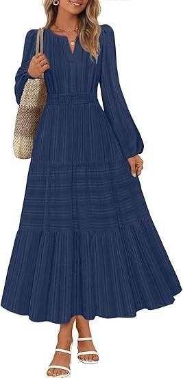Robe maxi femme avec des manches bouffantes élégantes et une taille smockée