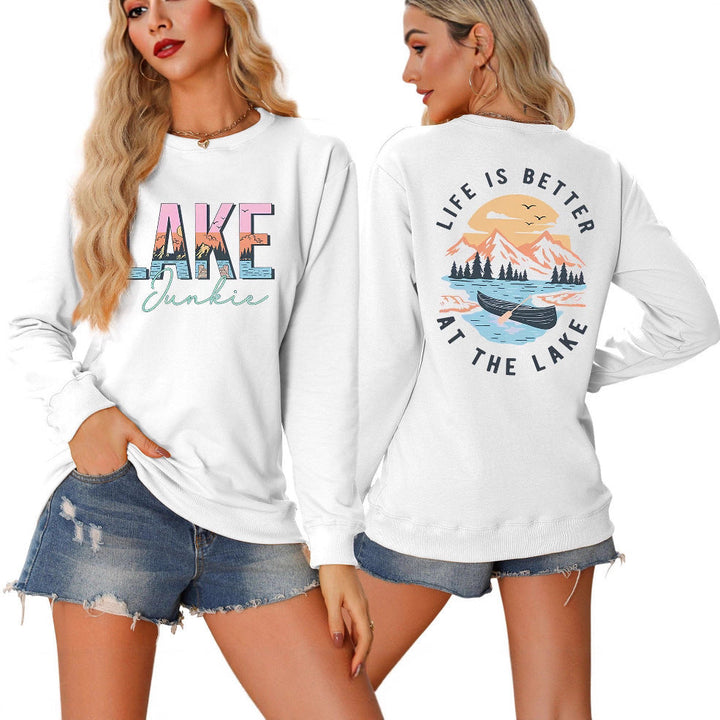 T-shirt à manches longues pour femmes avec motif lac créatif et coupe décontractée