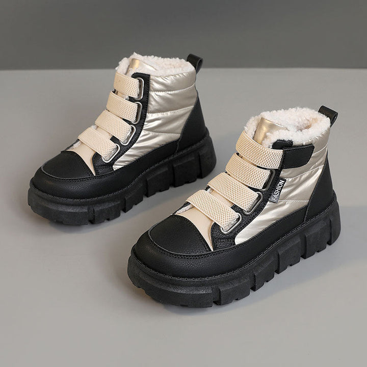 Bottes d'hiver pour femmes, doublées, avec semelle en caoutchouc robuste et fermeture velcro ajustable