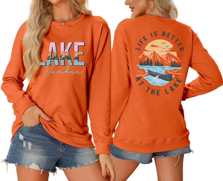 T-shirt à manches longues pour femmes avec motif lac créatif et coupe décontractée