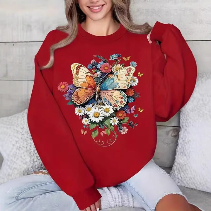 Sweatshirt à manches longues pour femmes avec impression florale de papillon