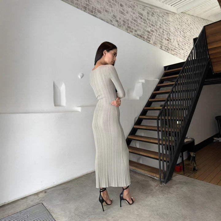 Robe maxi en tricot côtelé élégante pour femmes avec manches longues et coupe ajustée