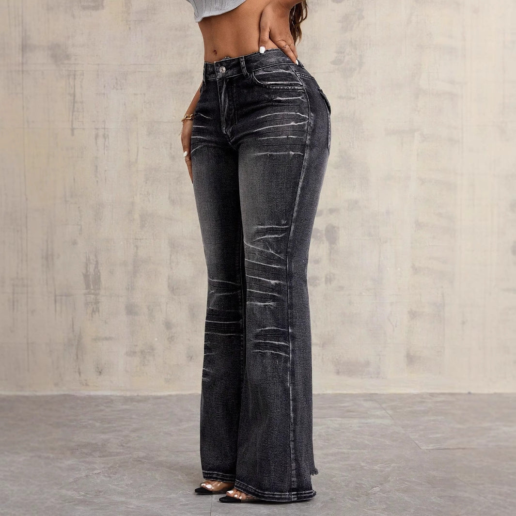 Jeans Bootcut Taille Haute pour Femmes avec Look Usé à la Mode