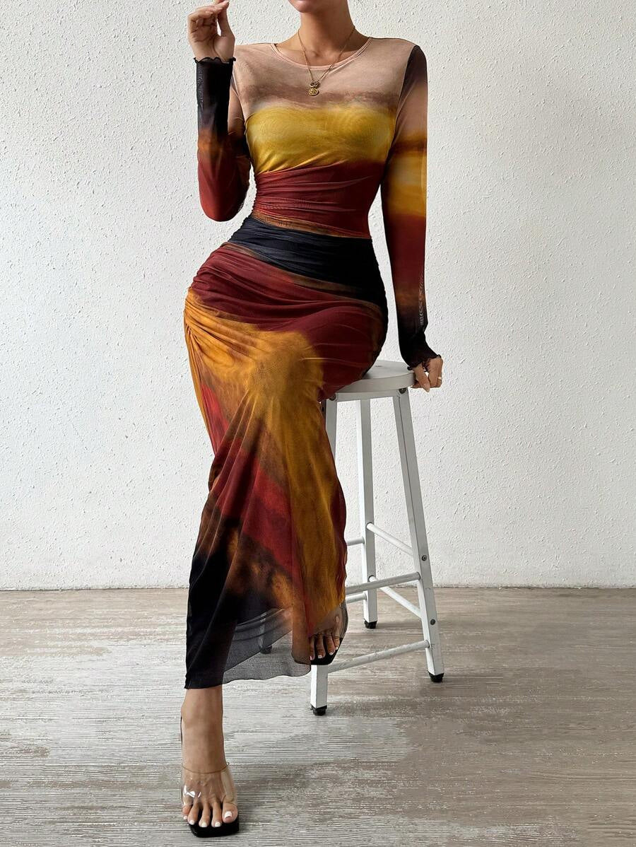 TORINA - Robe maxi imprimée confortable à manches longues et col rond