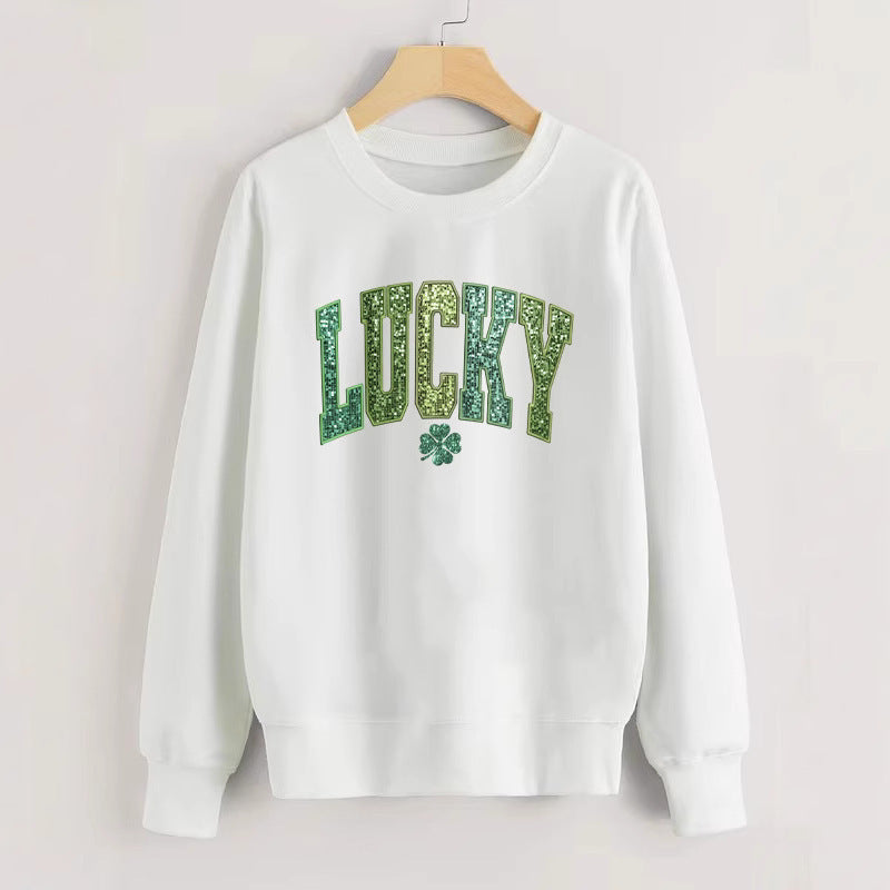 Sweatshirt décontracté pour femmes avec inscription scintillante et motif de trèfle