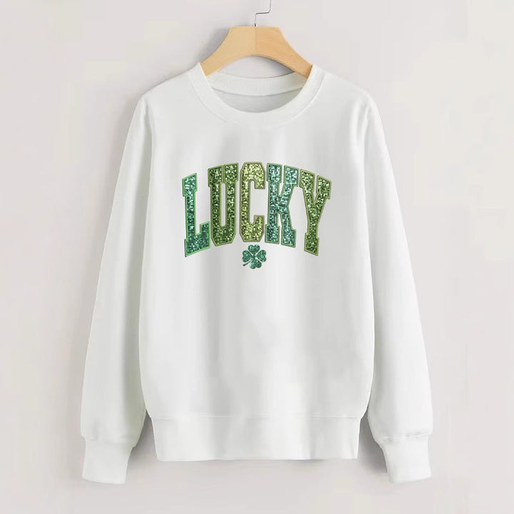 Sweatshirt décontracté pour femmes avec inscription scintillante et motif de trèfle
