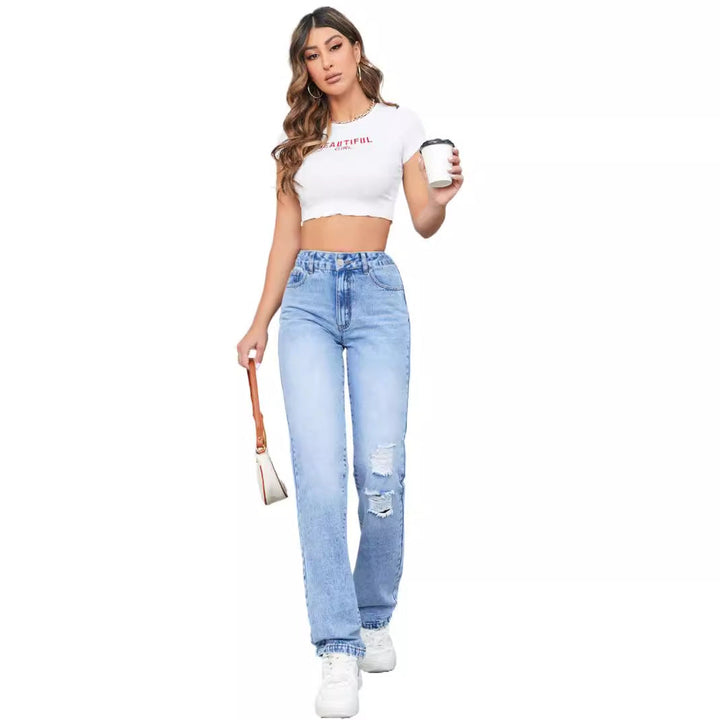 Jeans pour femmes taille haute au style vintage décontracté avec effet destroy