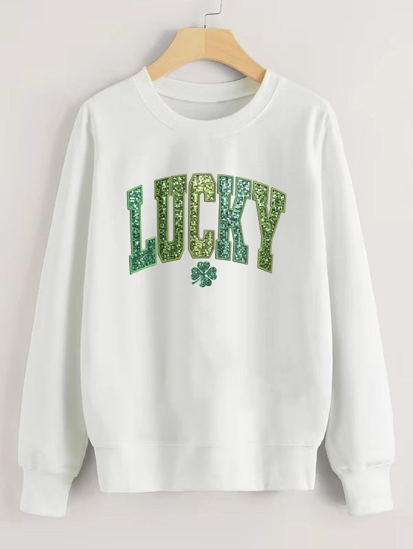 Sweatshirt décontracté pour femmes avec inscription scintillante et motif de trèfle