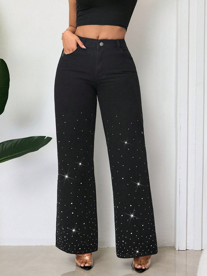 Jeans taille haute pour femmes avec des strass scintillants et une coupe large