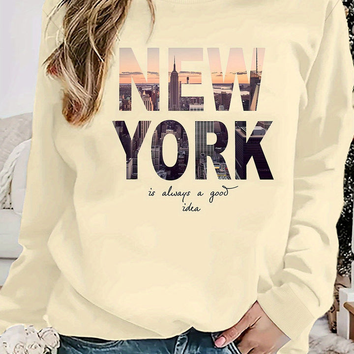 Sweatshirt pour femmes avec impression créative de la skyline de New York et coupe confortable