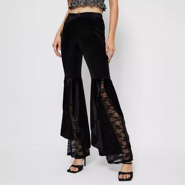 Pantalon Palazzo élégant taille haute pour femmes avec inserts en dentelle transparente