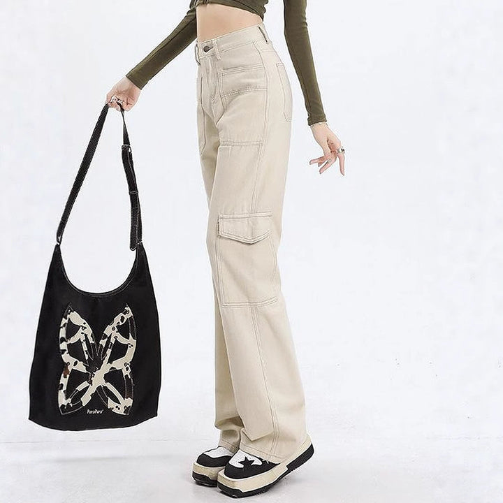 Jean cargo pour femmes taille haute avec poches pratiques