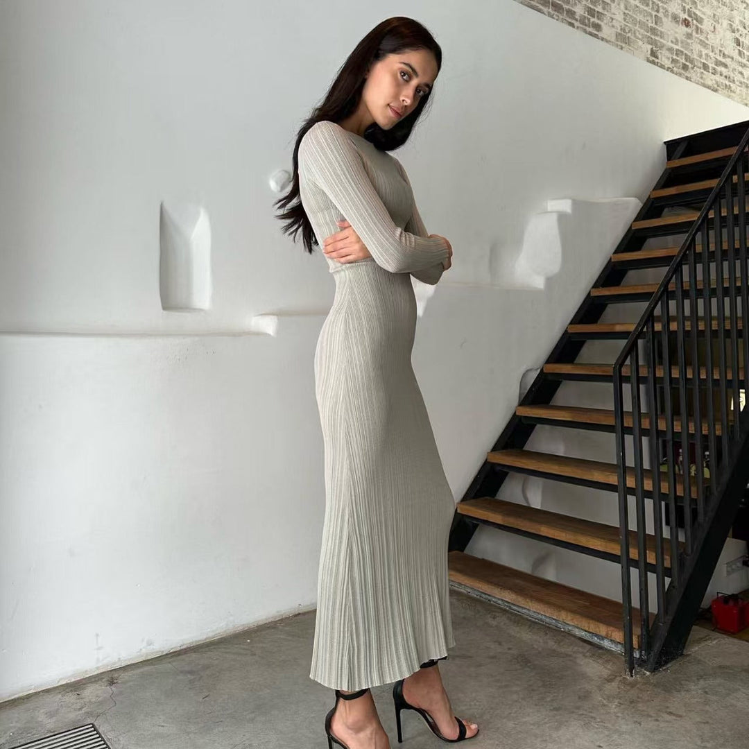Robe maxi en tricot côtelé élégante pour femmes avec manches longues et coupe ajustée