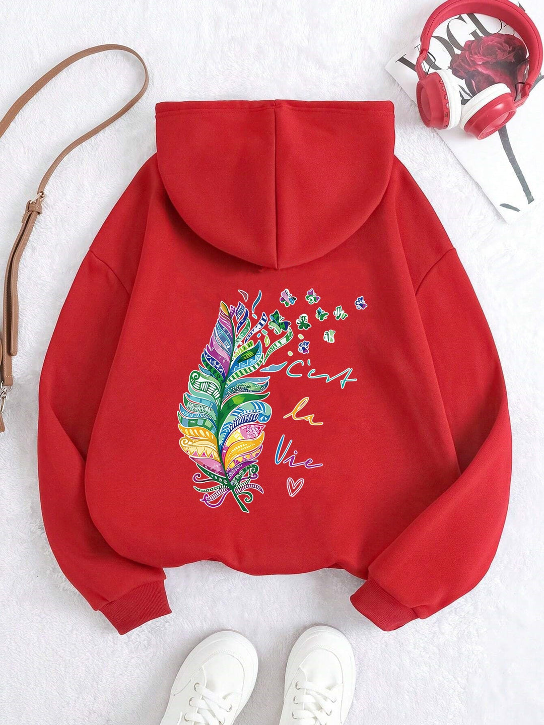 Sweat à capuche décontracté pour femmes avec design de plumes colorées et inscription inspirante