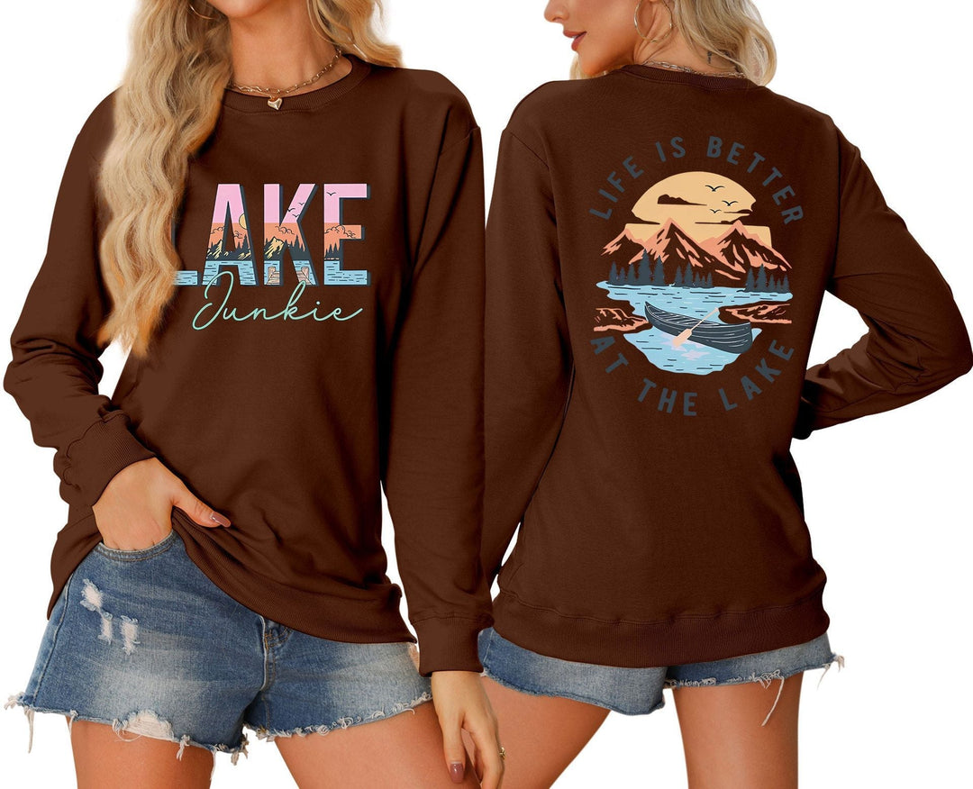T-shirt à manches longues pour femmes avec motif lac créatif et coupe décontractée