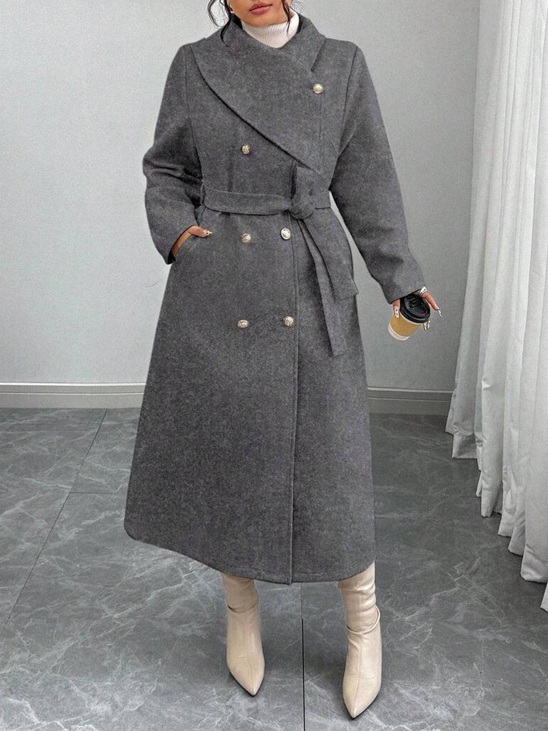 Manteau en laine élégant et chaud pour femmes avec double boutonnage et ceinture