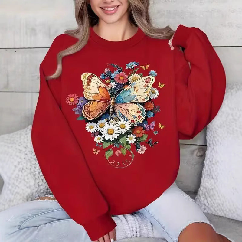 Sweatshirt à manches longues pour femmes avec impression florale de papillon