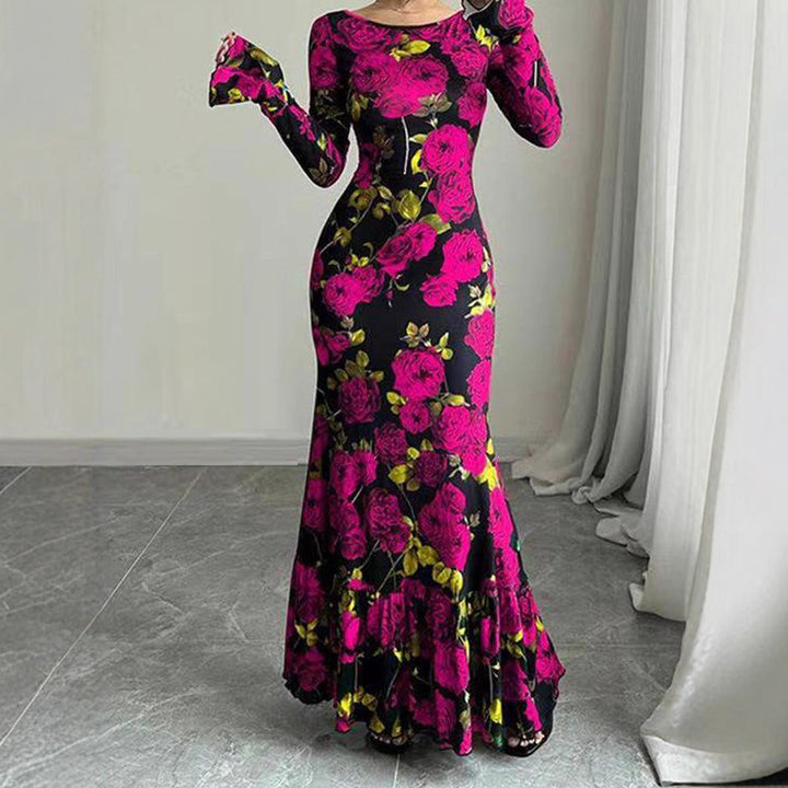 Robe maxi élégante pour femmes avec des détails en volants floraux et des manches longues