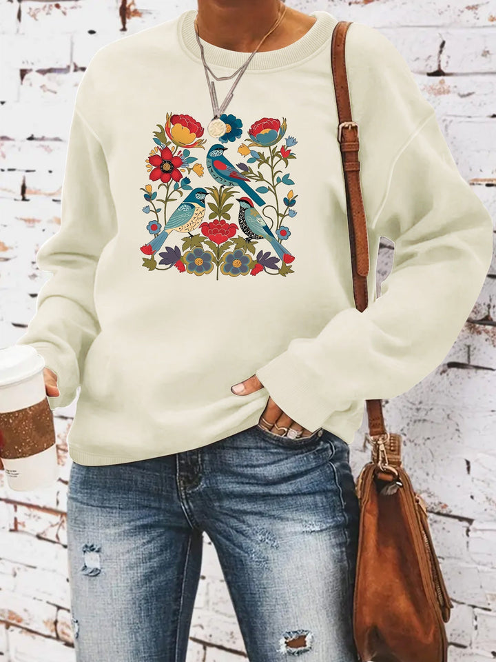 Sweat-shirt pour femmes avec motif floral d'oiseau et coupe décontractée