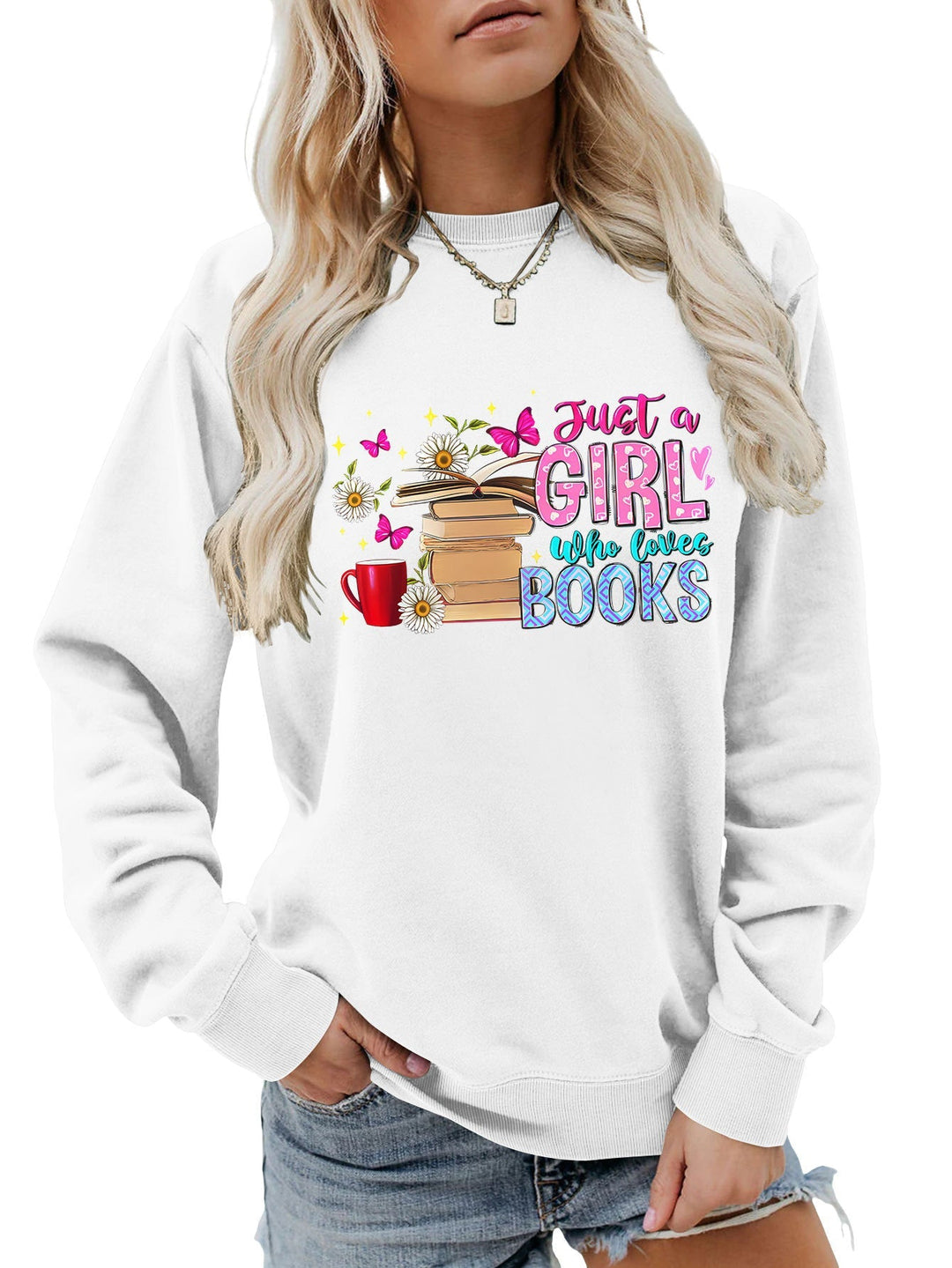 Sweatshirt pour femmes avec motif de livre accrocheur et coupe décontractée