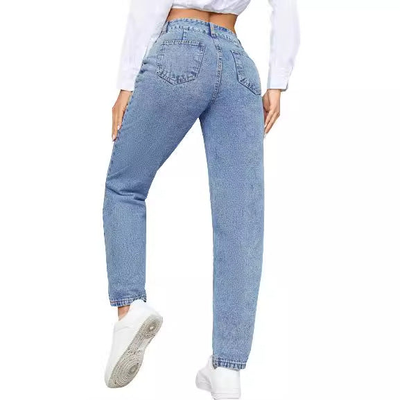 Jeans Boyfriend Taille Haute pour Femmes avec Coupe Classique et Détails Boutonnés