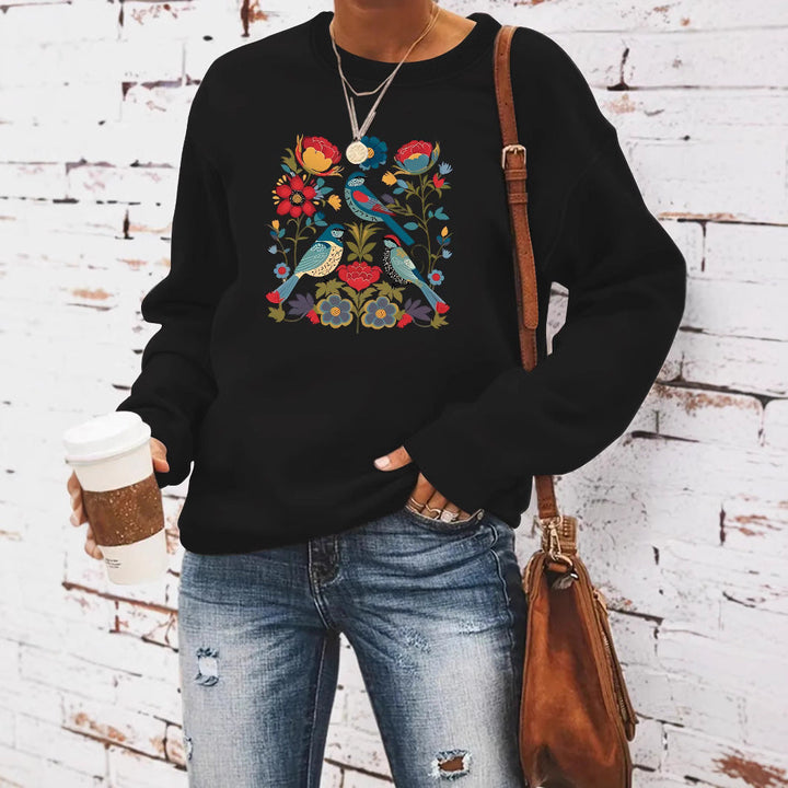 Sweat-shirt pour femmes avec motif floral d'oiseau et coupe décontractée