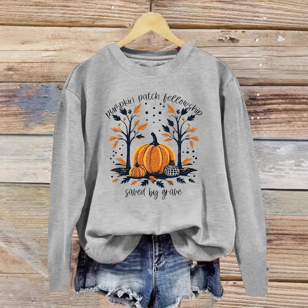 Sweat-shirt pour femmes avec motif de citrouille automnal et coupe décontractée