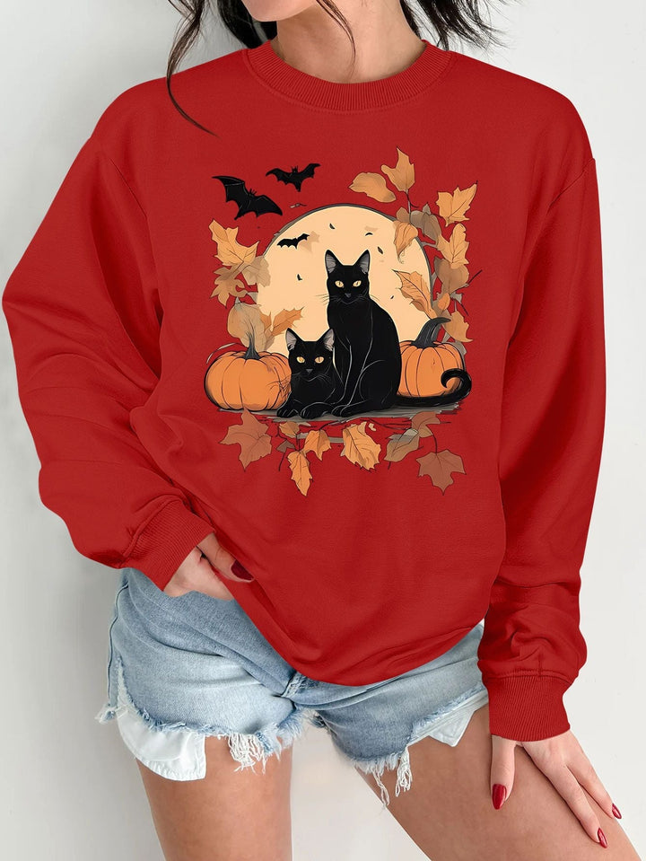 Sweatshirt pour femmes avec un design automnal de chats et de citrouilles