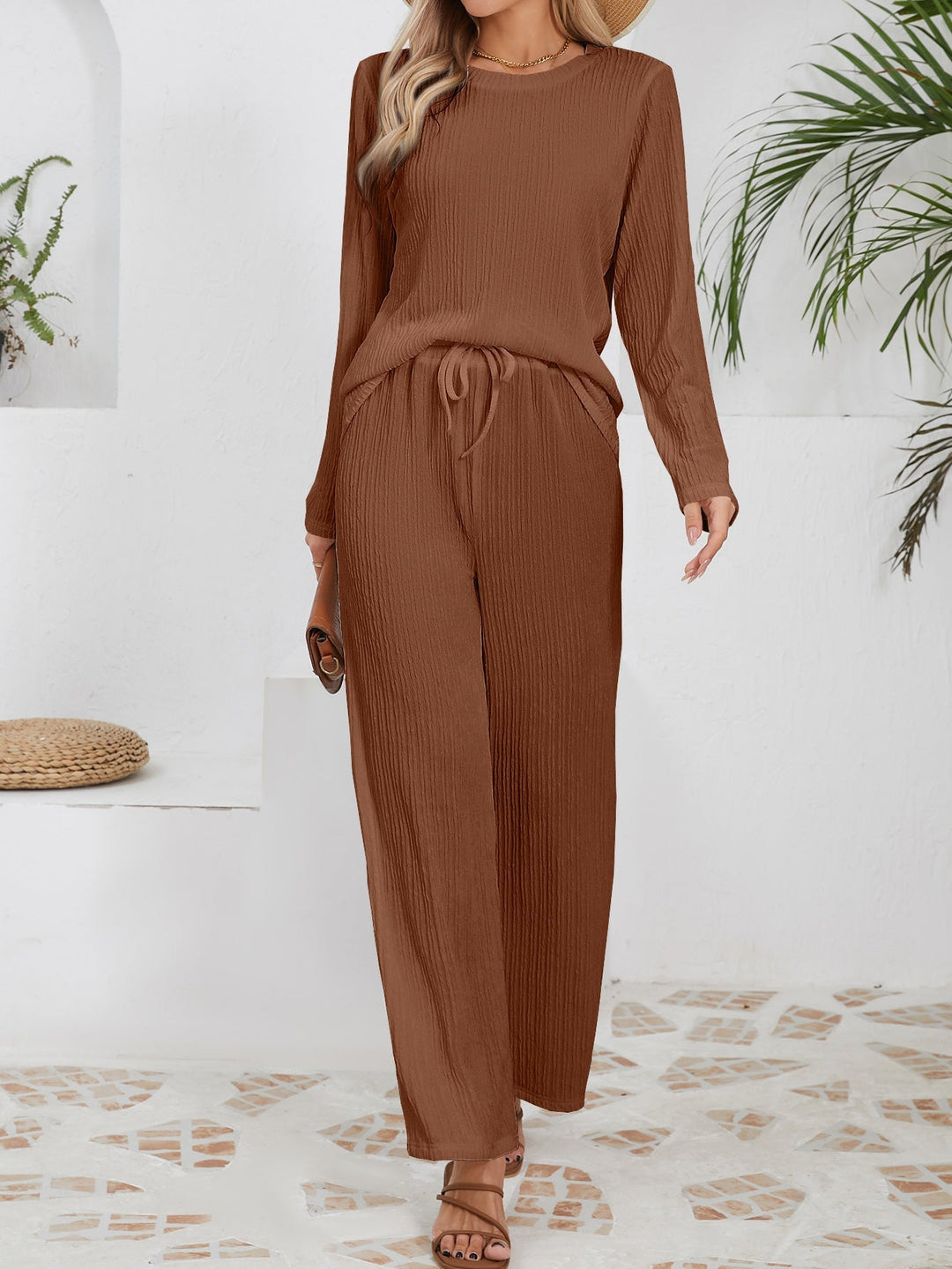 Ensemble décontracté et confortable pour femmes avec texture côtelée et taille élastique