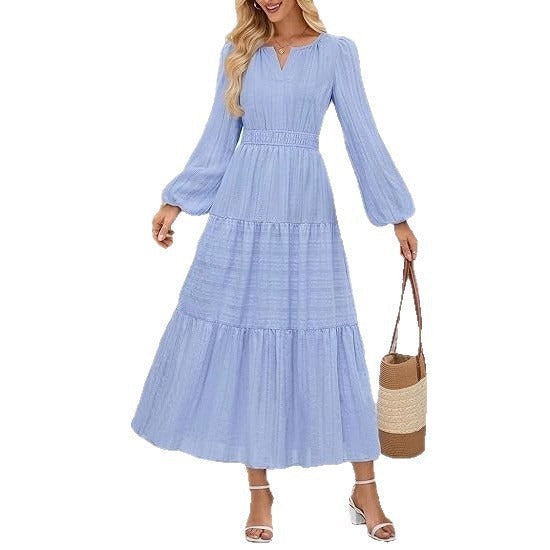 Robe maxi femme avec des manches bouffantes élégantes et une taille smockée