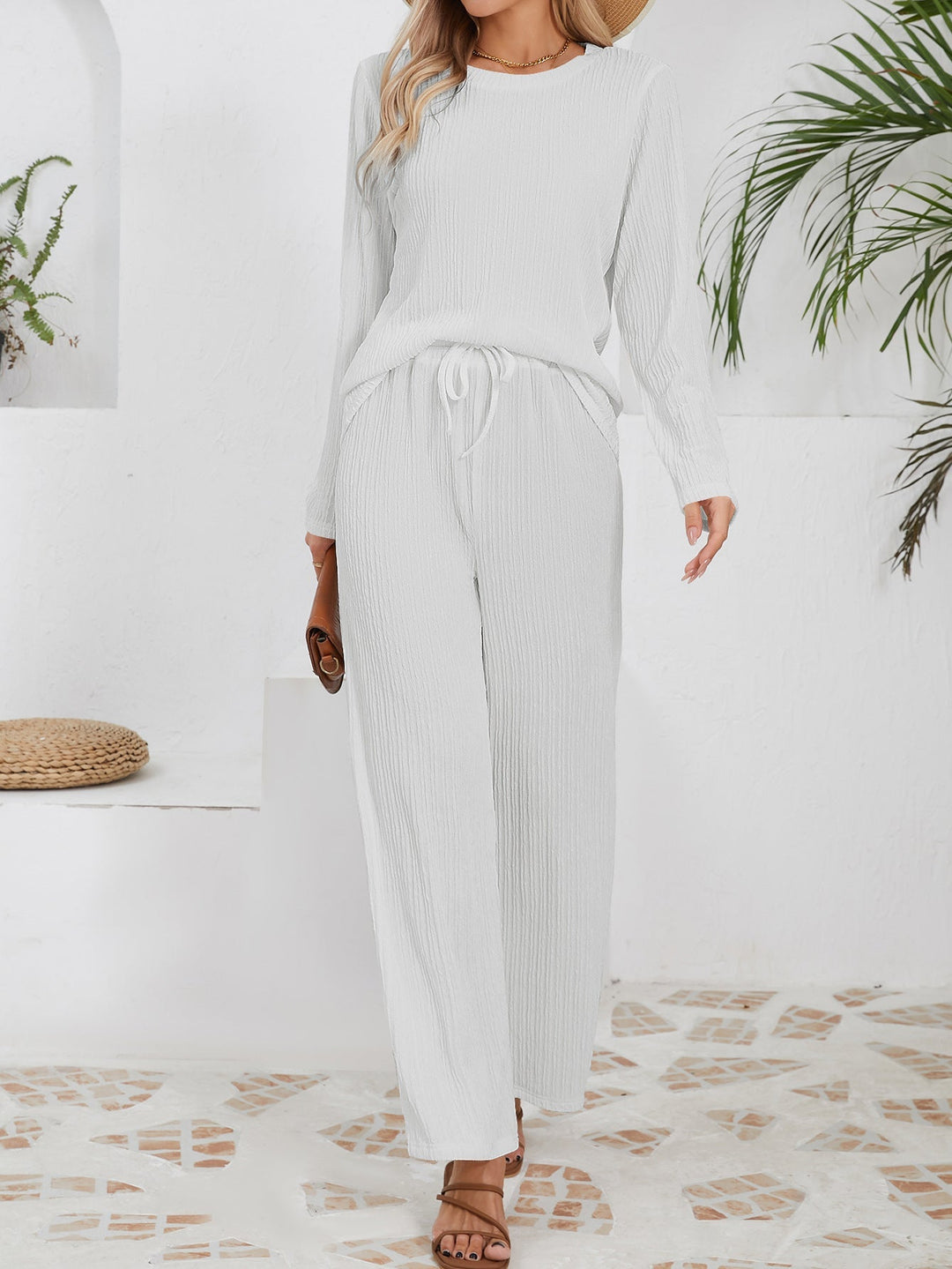 Ensemble décontracté et confortable pour femmes avec texture côtelée et taille élastique