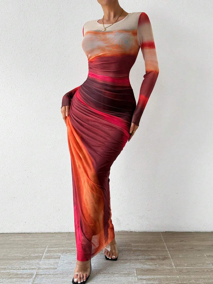 TORINA - Robe maxi imprimée confortable à manches longues et col rond