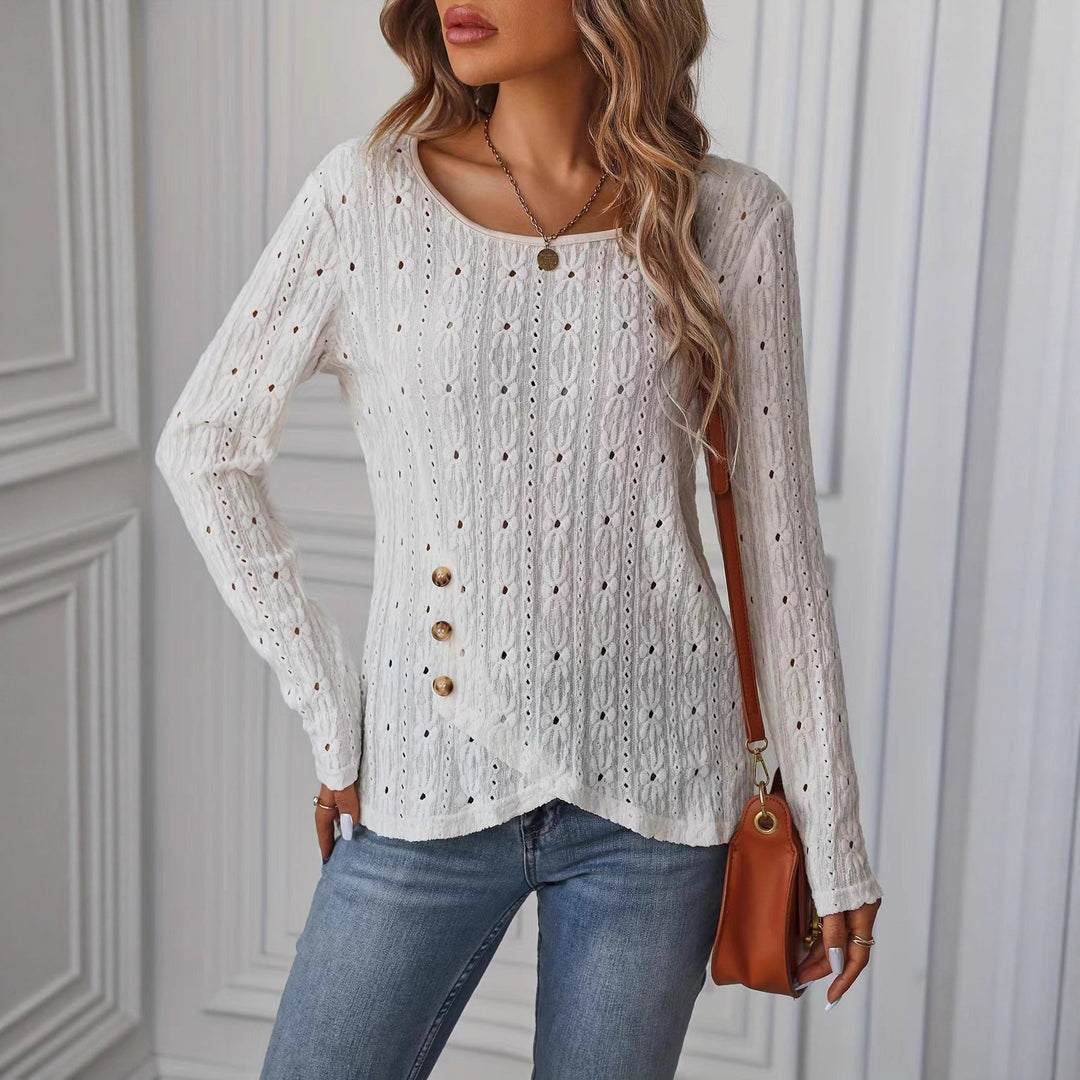 T-shirt à manches longues pour femmes avec boutons décoratifs et texture