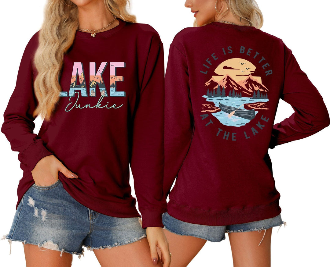T-shirt à manches longues pour femmes avec motif lac créatif et coupe décontractée