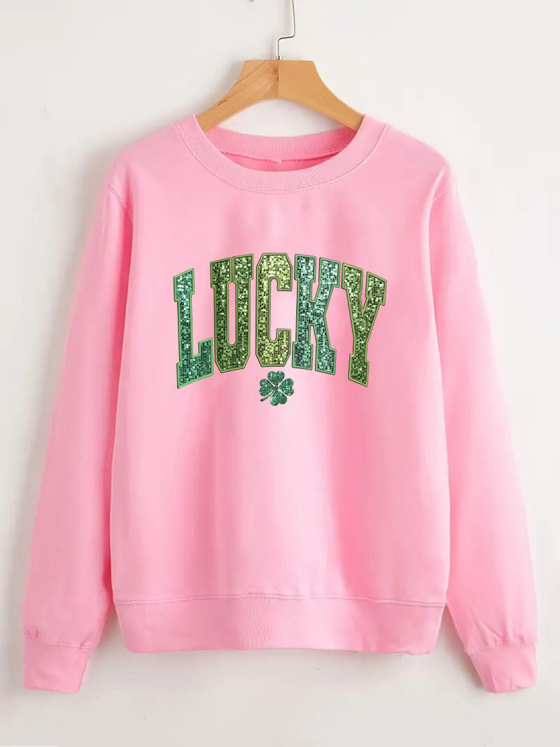 Sweatshirt décontracté pour femmes avec inscription scintillante et motif de trèfle