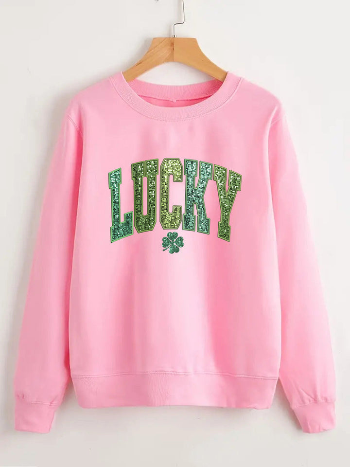 Sweatshirt décontracté pour femmes avec inscription scintillante et motif de trèfle