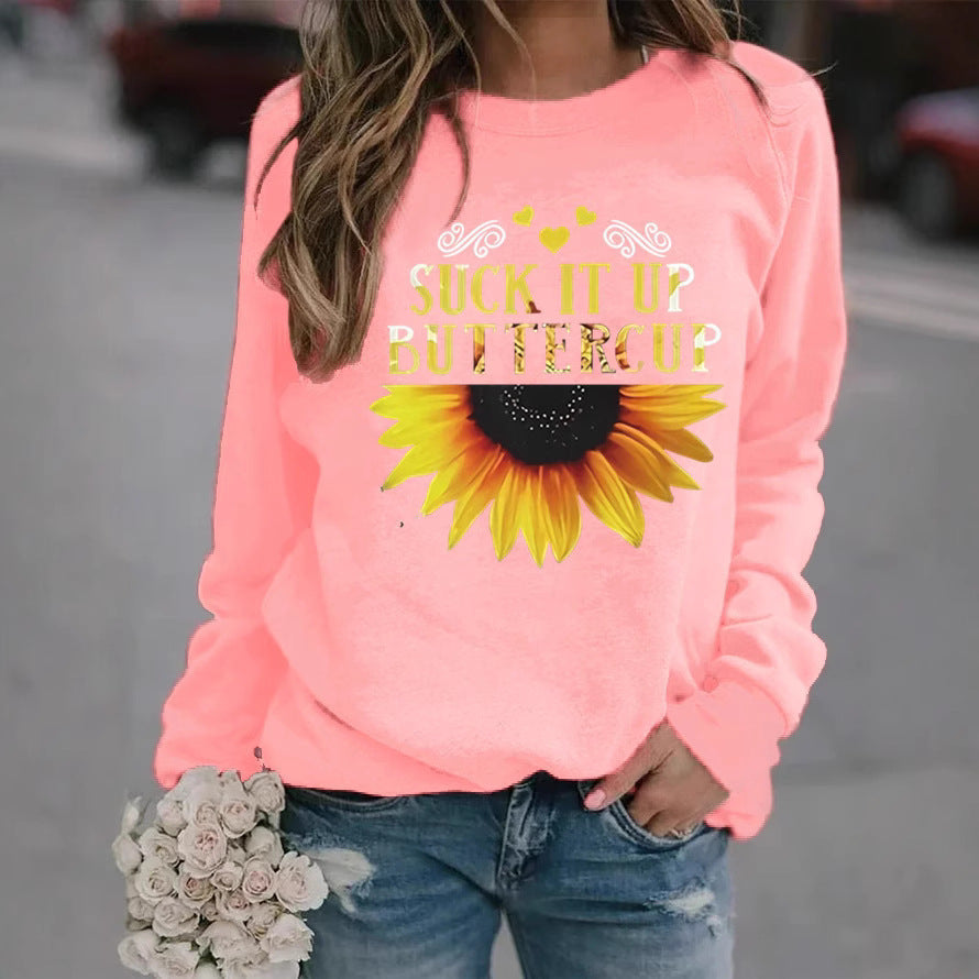 Sweatshirt pour femmes avec impression créative de tournesol et phrase motivante