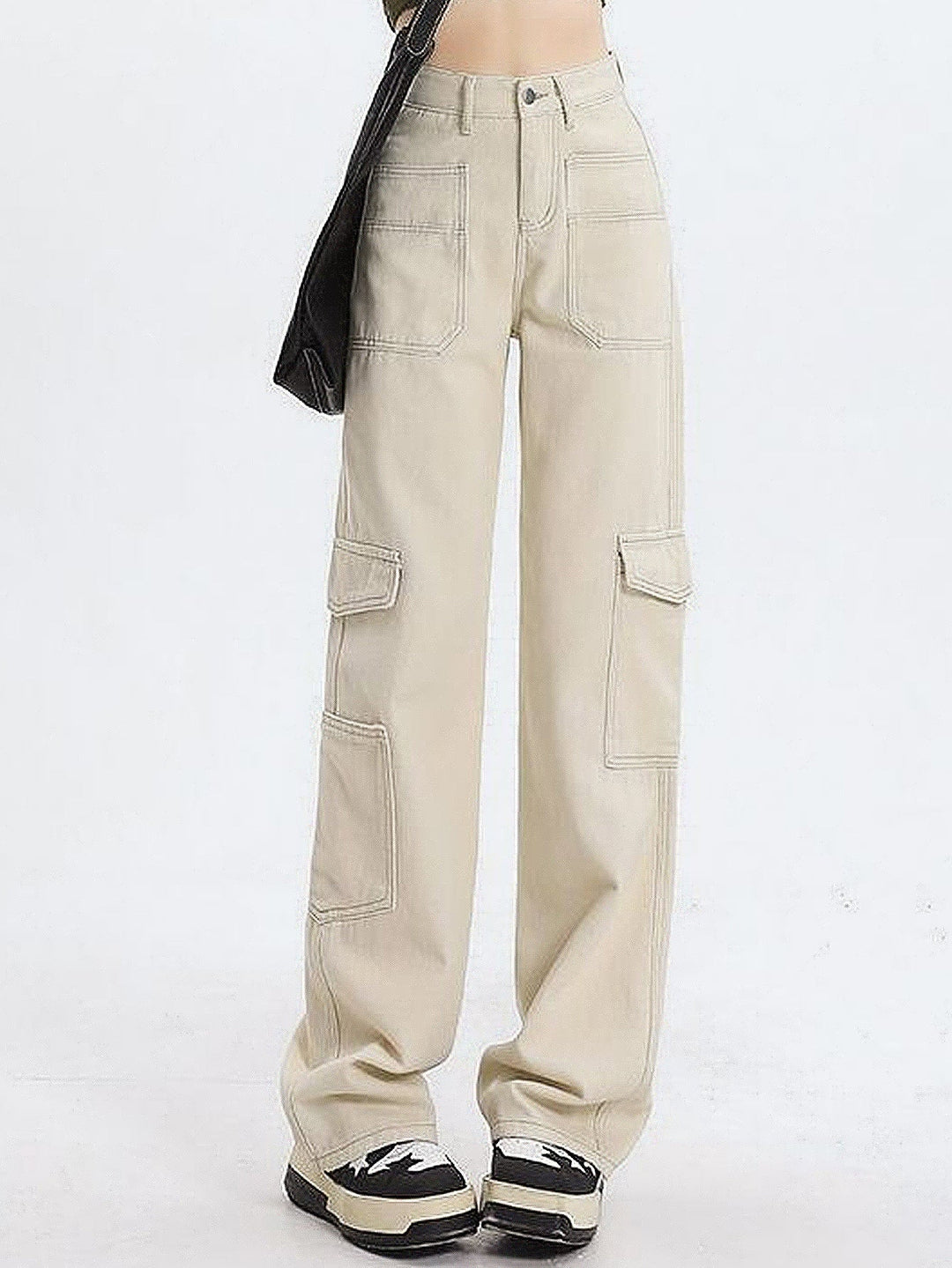 Jean cargo pour femmes taille haute avec poches pratiques