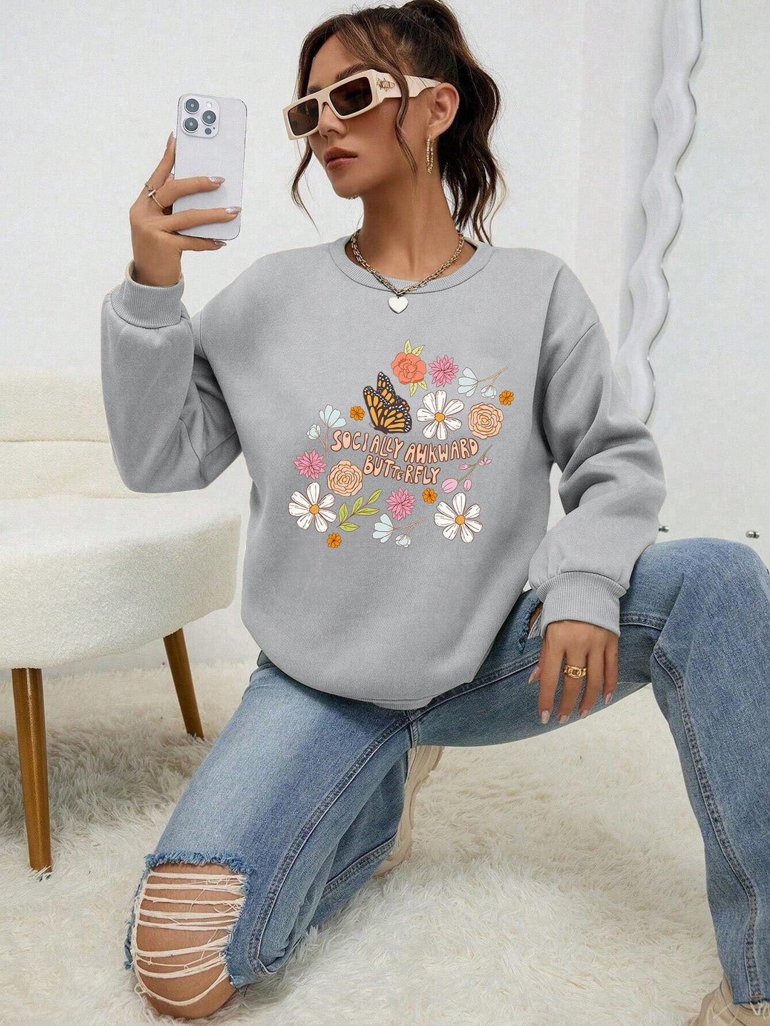 Sweatshirt pour femmes avec design floral créatif et impression inspirante