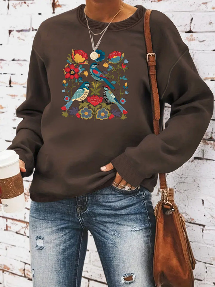 Sweat-shirt pour femmes avec motif floral d'oiseau et coupe décontractée