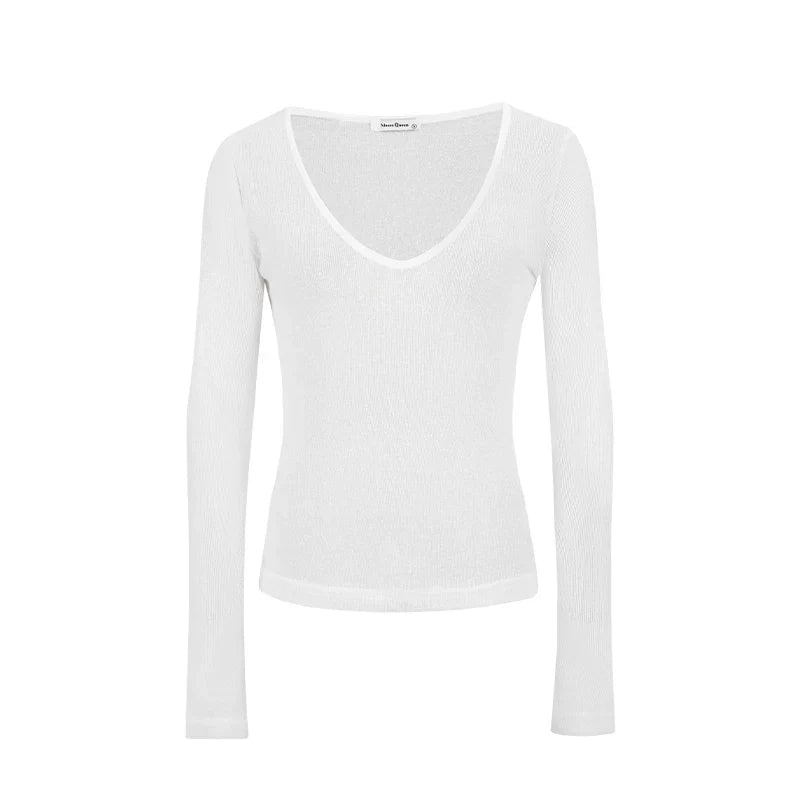 T-shirt à manches longues léger pour femmes avec décolleté en V et bonnets intégrés