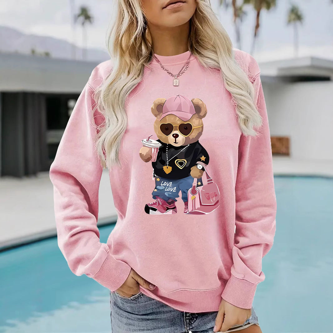 Sweatshirt pour femmes avec un motif unique de ours en cartoon et une inscription à la mode