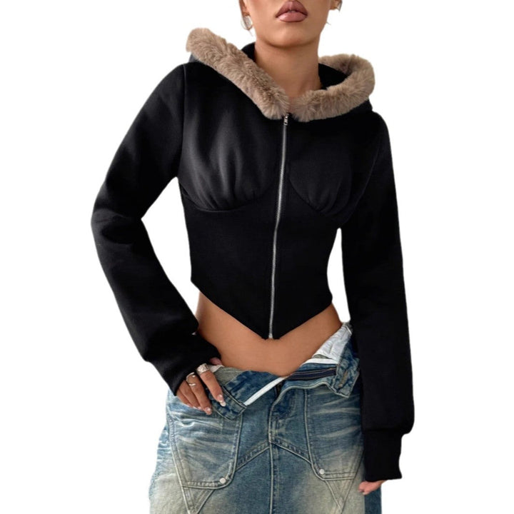 Hoodie cropped pour femmes avec garniture en fourrure luxueuse