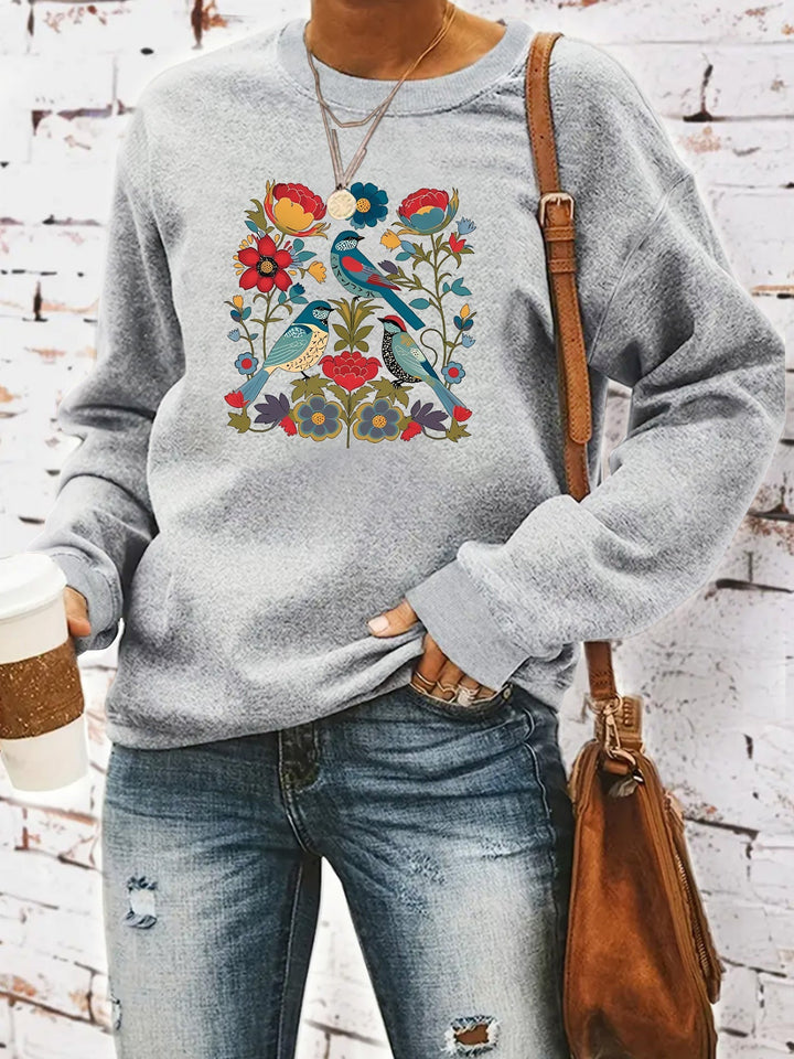 Sweat-shirt pour femmes avec motif floral d'oiseau et coupe décontractée